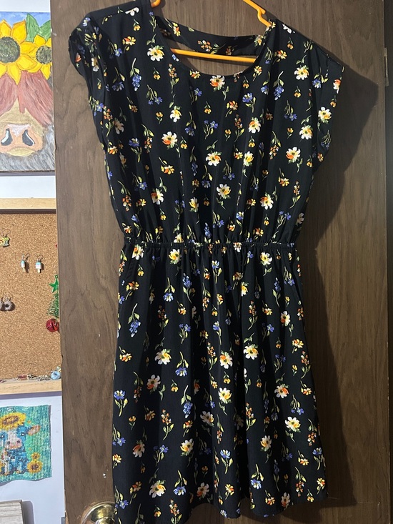 Pink Rose Dresses & Skirts - Pink Rose Black Mini Dress with Yellow & Blue Floral Motif